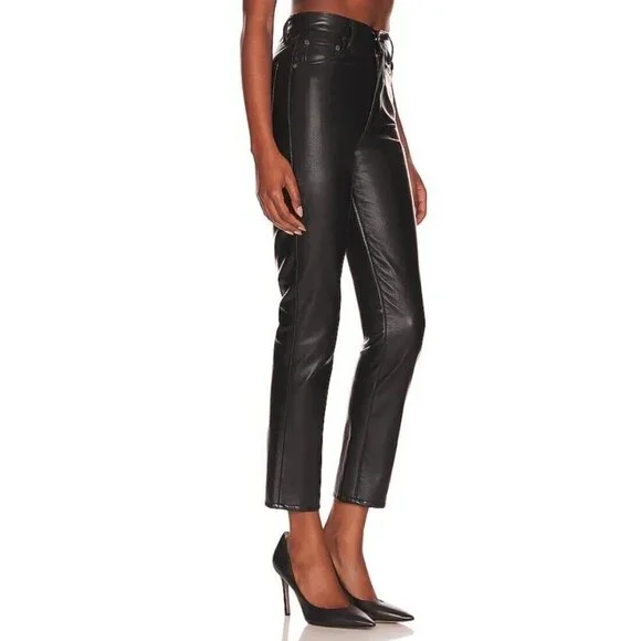 New Agolde Riley Long Pants Recycled Leather in Detox Black High Rise Sz 26 - Picture 4 of 9